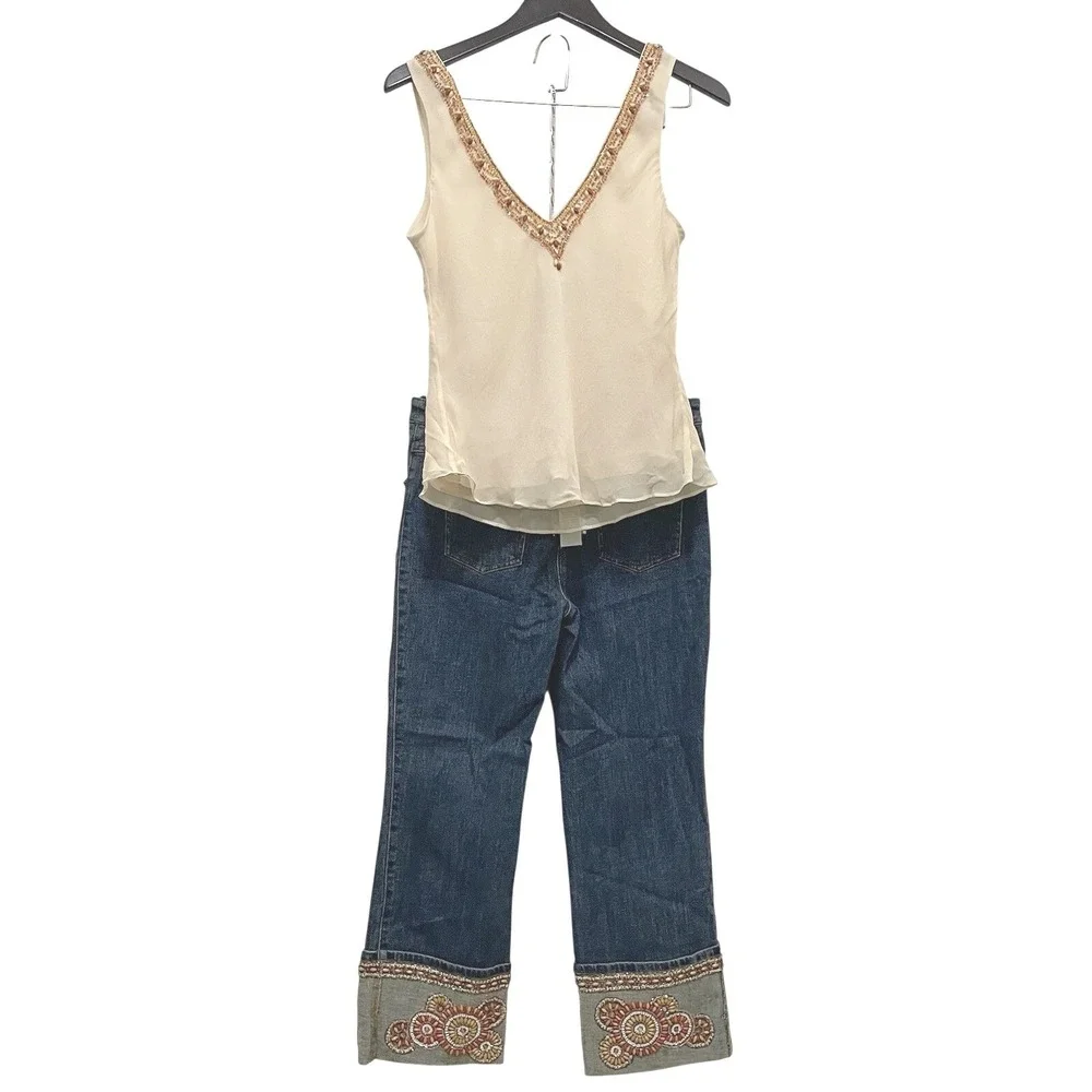 Vintage NWT Cache Beaded Set Y2K Coastal Resort Beachy Boho Jeans Sz 8‎ Tank L